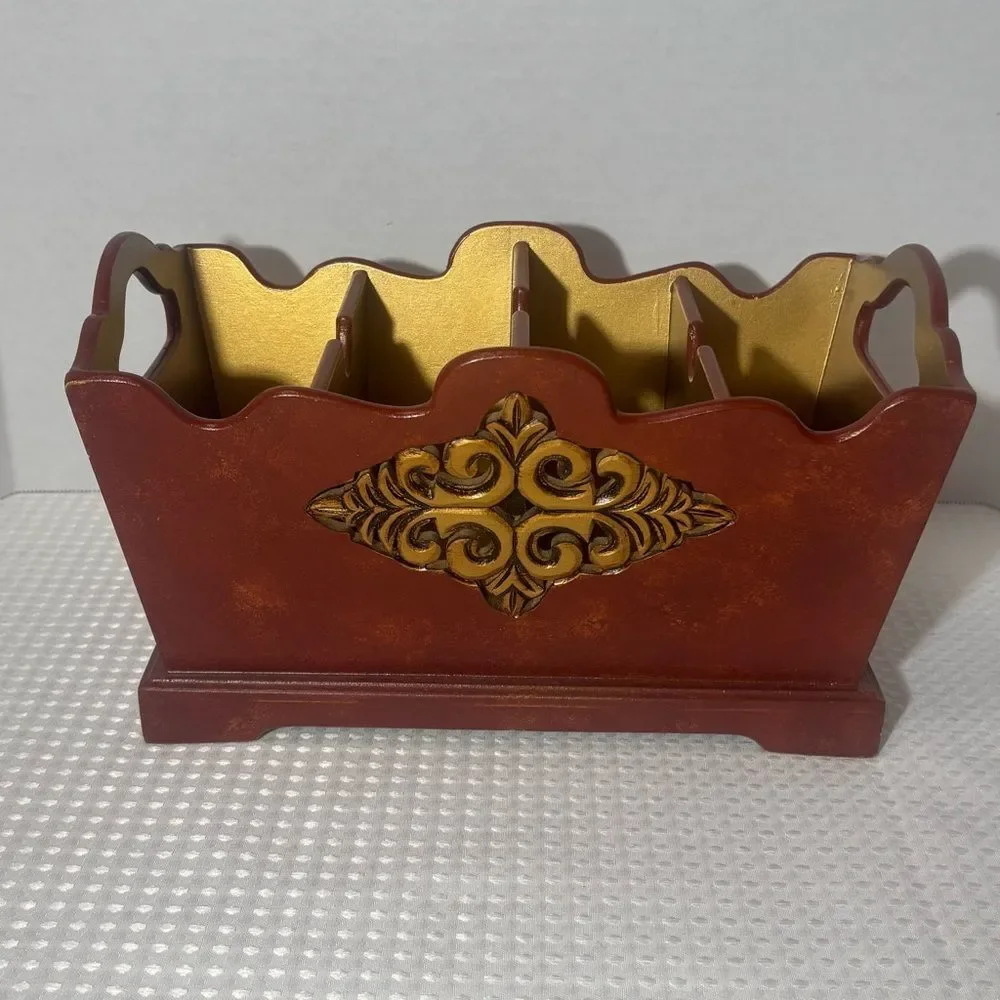 Wooden Desk Organizer Italian Florentine Styling Gold Accents